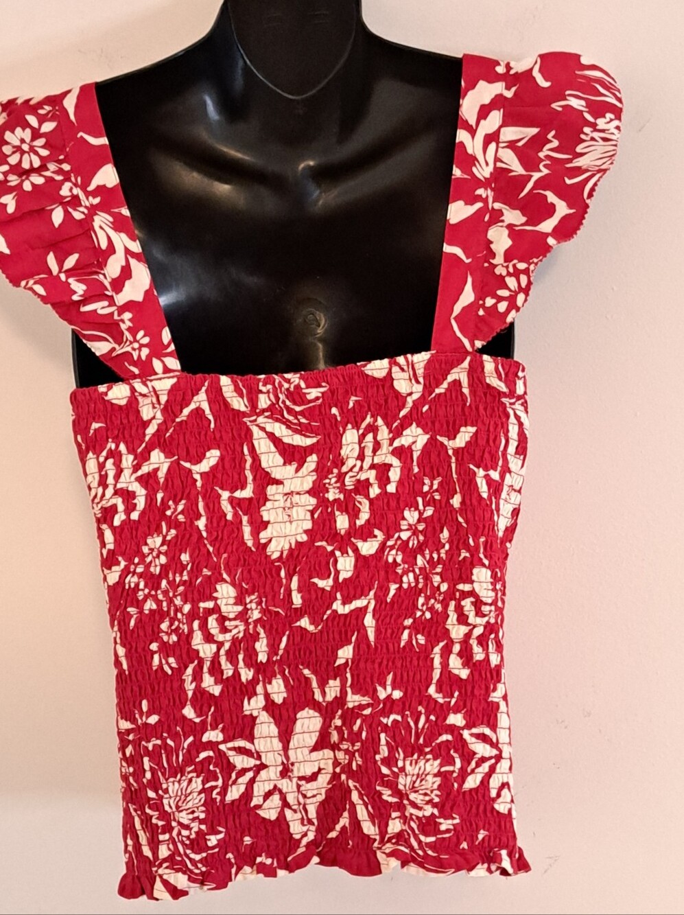 Old Navy Red Floral Square Neck Smocked Elasticized Ruffle Strap Tank Misses L - Picture 8 of 8